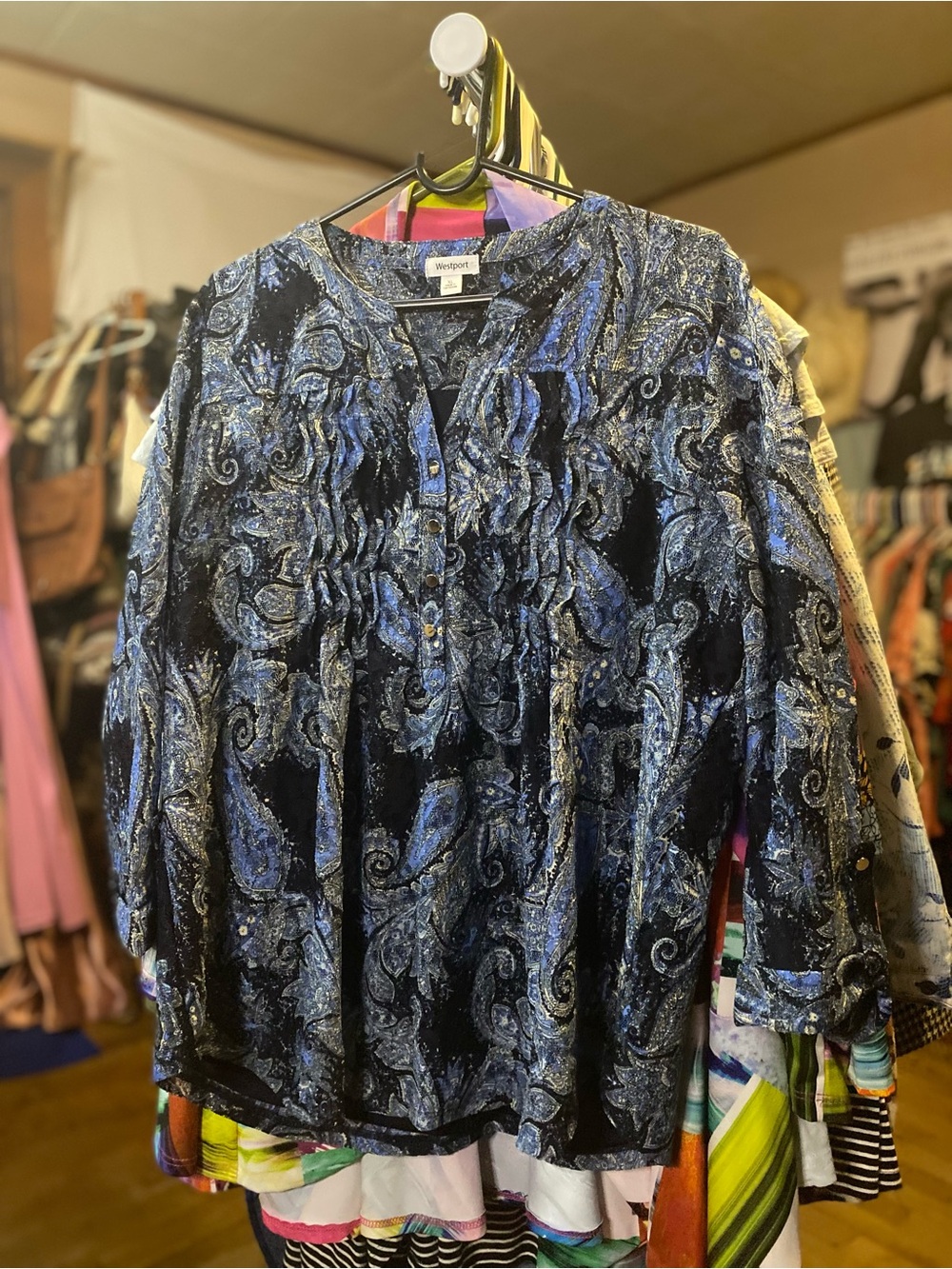Westport Black and Blue Paisley Ruffle Button-Front Blouse